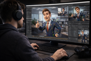 3D animator using character animation software to pose a corporate character for motion graphics in a professional studio workspace.