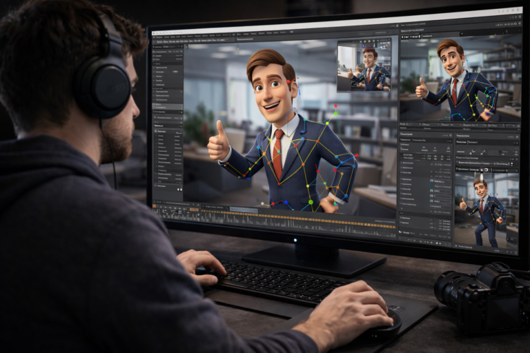 3D animator using character animation software to pose a corporate character for motion graphics in a professional studio workspace.