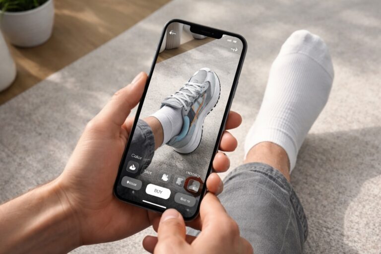 Person using a smartphone to preview a sneaker with an augmented reality shoe try-on app during a mobile shopping experience.