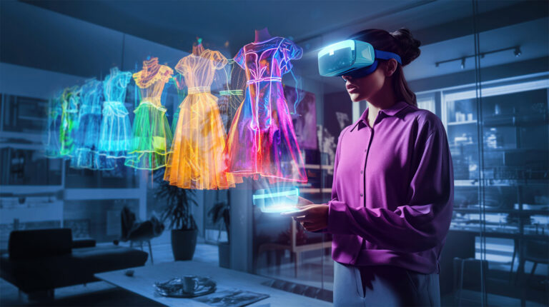Person wearing a VR headset viewing holographic dresses in an immersive virtual try-on experience.