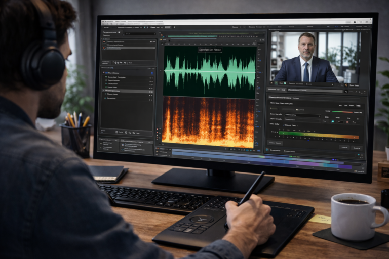 Sound designer cleaning up a CEO audio track in Adobe Audition on a desktop workstation