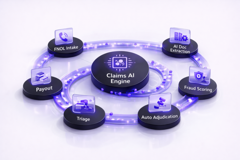 Centered diagram showing a Claims AI Engine connected to FNOL intake, triage, AI document extraction, fraud scoring, automated adjudication, and payout, on a clean white background.