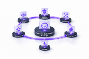 Hub diagram showing cloud cost optimization and FinOps connected to usage visibility, budget guardrails, rightsizing, reserved savings, chargeback, and savings on a white background.