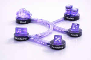 Diagram showing cloud and DevOps connected through a managed services loop of monitoring, tickets, and remediation on a clean white background.