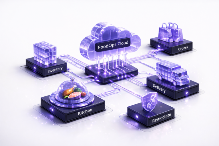 Diagram showing a FoodOps cloud hub connected to inventory, orders, kitchen, delivery, monitoring, and remediation modules on a clean white background.
