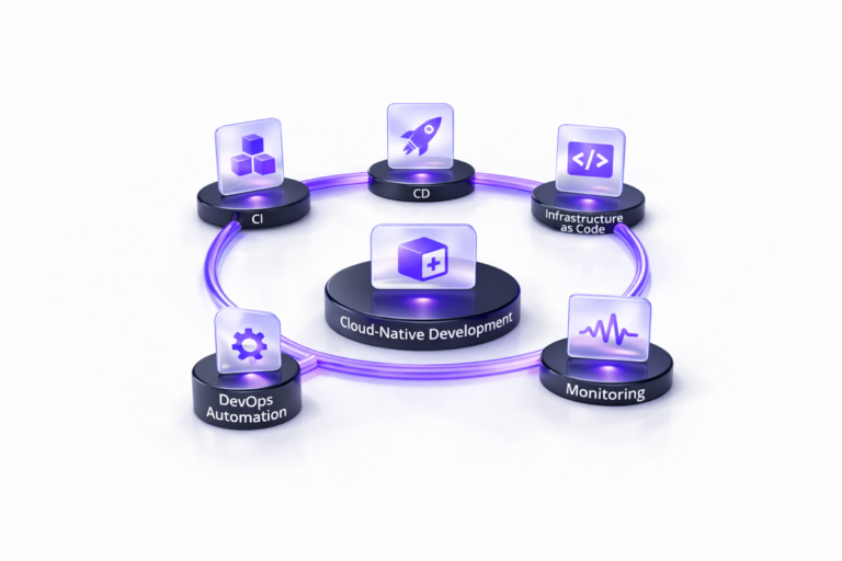 CI/CD loop diagram showing cloud-native development connected to CI, CD, infrastructure as code, monitoring, and DevOps automation on a white background.