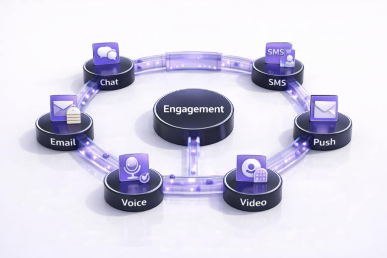 Circular engagement diagram connecting chat, SMS, email, push, voice, and video channels to a central engagement hub on a clean white background.