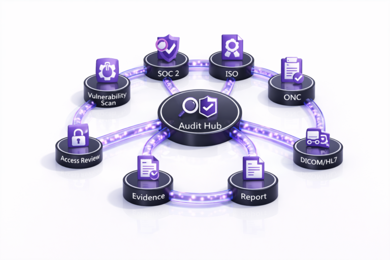 Diagram showing an audit hub connected to HIPAA compliance, SOC 2, ISO, ONC, and DICOM/HL7 compliance measures plus vulnerability scanning, access review, evidence, and reporting on a clean white background.