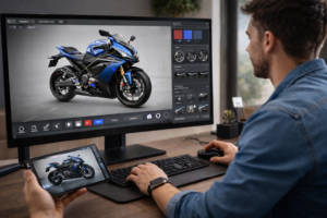 Consumer customizing a motorcycle in a 3D configurator on a desktop screen with interactive WebGL controls and mobile preview.