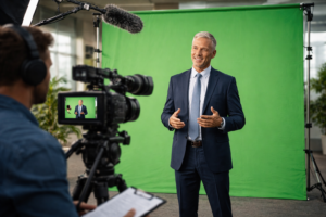 Stakeholder filming a corporate communications video on location in front of a green screen