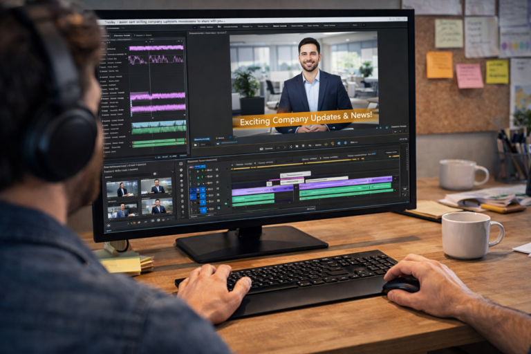 Video editor editing a corporate communications video in Adobe Premiere Pro on a desktop computer.