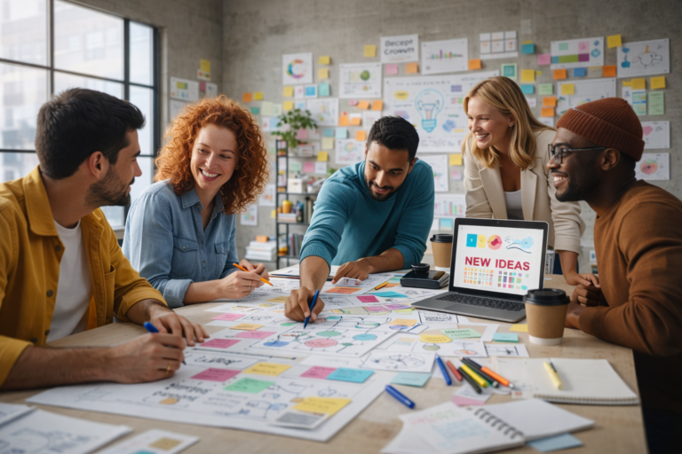 Team brainstorming in a creative studio, collaborating around a table with sketches and notes to develop new ideas.