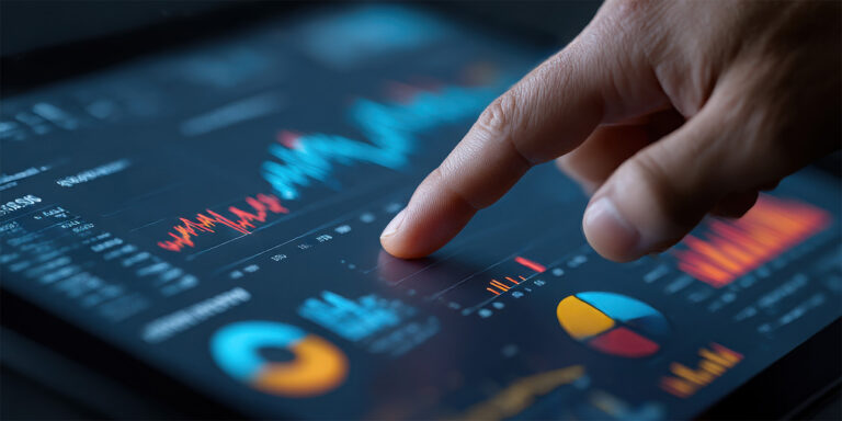 Hand interacting with a touchscreen analytics dashboard showing charts, KPIs, and data visualizations.