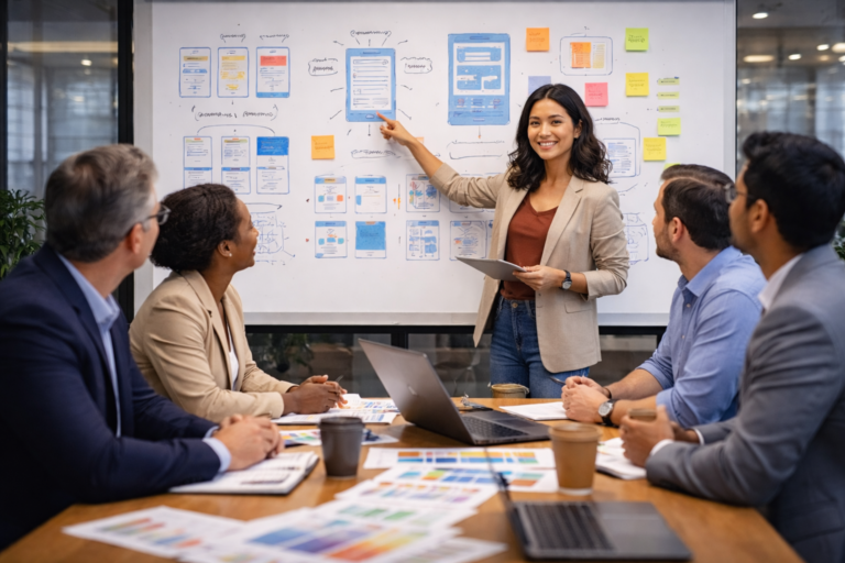 Designer leading a design workshop with corporate clients in a modern conference room