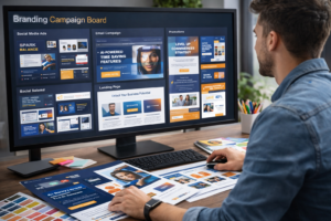 Designer creating a marketing campaign board with social ads, email graphics, landing page layouts, and promotional visuals on a large screen.