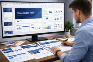 Designer building a branded PowerPoint template with slide layouts, charts, typography, and presentation components on a large screen in a clean office workspace.