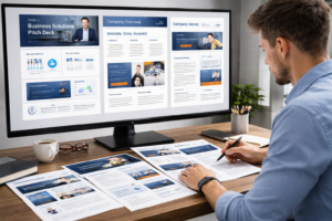 Designer reviewing pitch deck slides, one-pagers, proposals, and sales collateral layouts on a large screen in a clean office workspace.