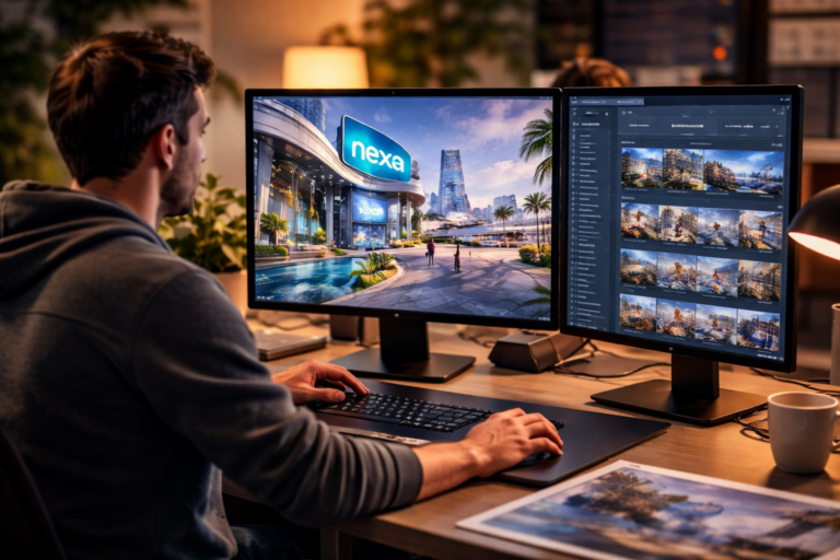 Designer using a dual-monitor workstation to create a modern branded virtual world and immersive marketing destination.