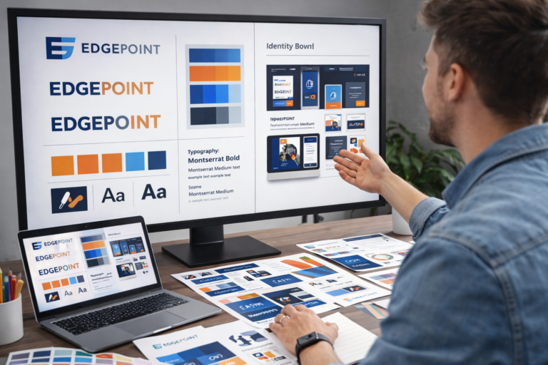 Designer presenting logo concepts, brand colors, typography swatches, and identity boards on a large screen in a clean studio workspace.