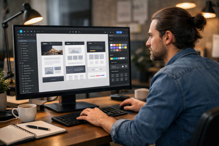 UX designer prototyping a website interface in Figma on a desktop monitor