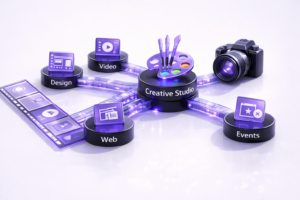 Diagram showing design, video, web, and events modules connected to a central creative studio hub on a clean white background.