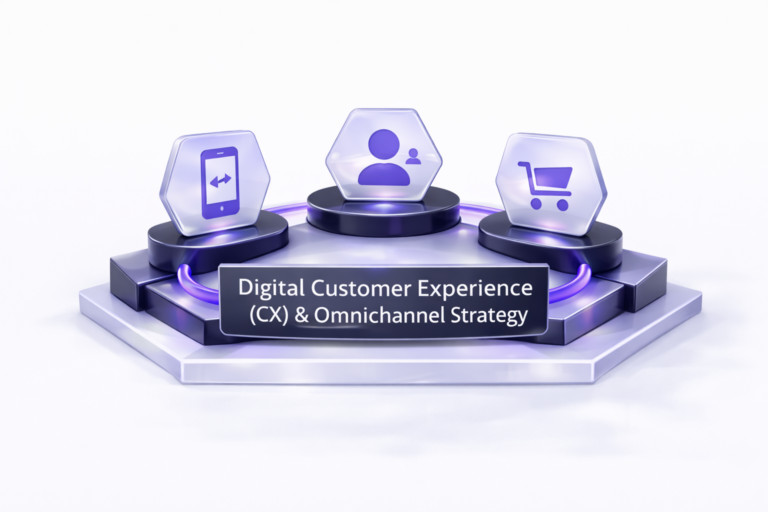 Diagram illustrating digital customer experience and omnichannel strategy with connected experience touchpoints on a clean white background.