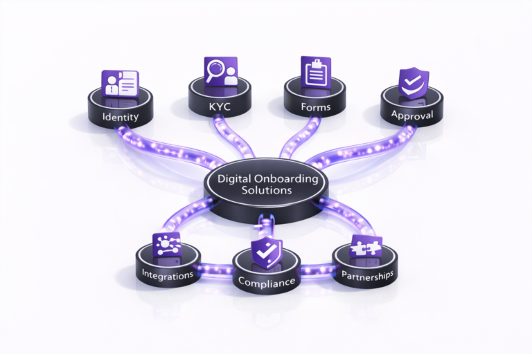 Diagram showing a digital onboarding hub connected to identity, KYC, forms, and approval stages, with supporting modules for integrations, compliance, and partnerships on a clean white background.