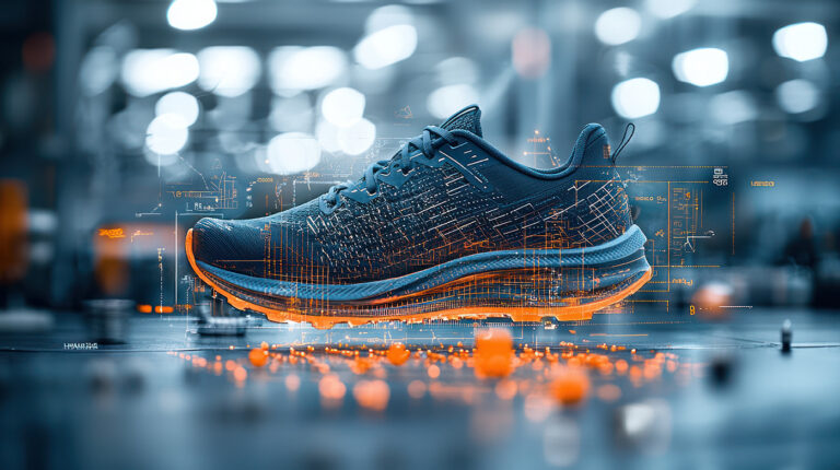 Athletic shoe shown with a digital blueprint-style overlay, representing product design, 3D visualization, and prototyping.