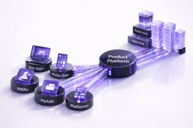 Diagram showing web apps, mobile apps, PWAs, portals, and platforms feeding a product platform connected to front-end and back-end stacks, on a clean white background.