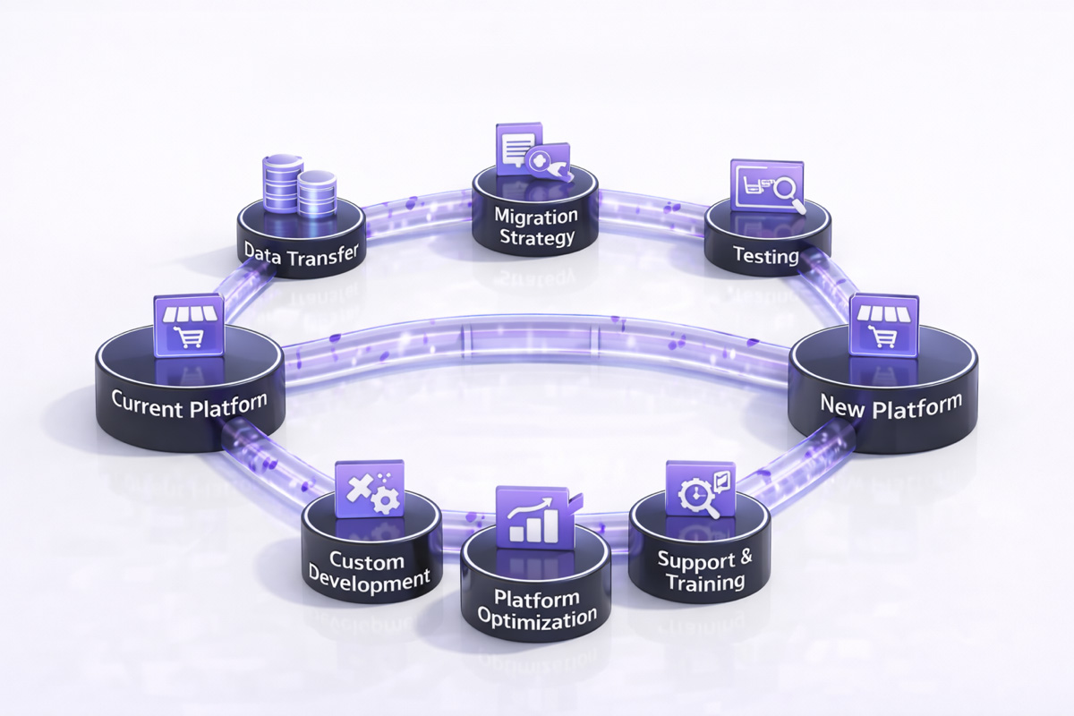 Diagram showing a migration loop from current platform to new platform with stages for data transfer, migration strategy, testing, custom development, platform optimization, and support and training on a clean white background.