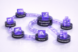 Diagram showing an engagement flywheel (awareness, engagement, nurture, conversion) feeding an enrollment growth hub and a funnel for applications and enrollments on a clean white background.