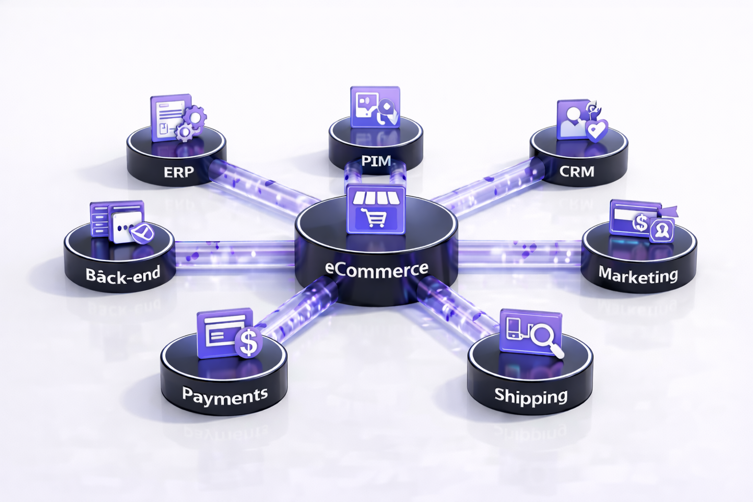 Diagram showing an eCommerce hub connected to ERP, PIM, CRM, marketing, payments, shipping, and back-end systems on a clean white background.