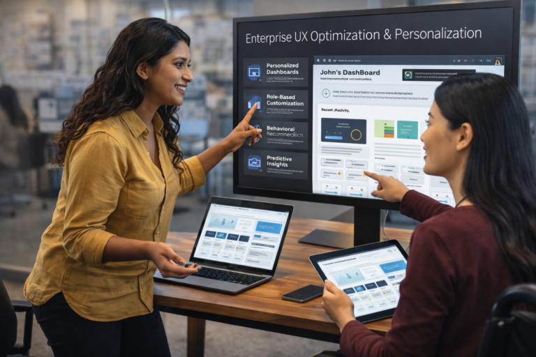 South Asian and East Asian female designers collaborating on enterprise UX optimization and personalization dashboard design