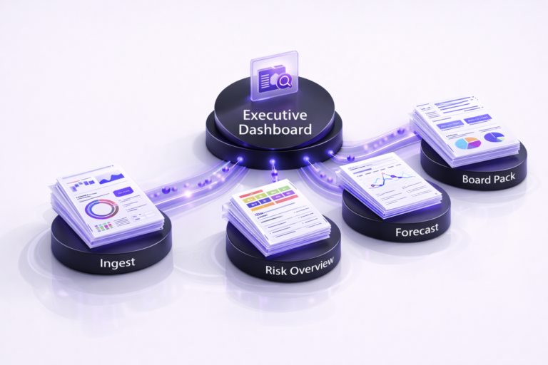 Diagram showing an Executive Dashboard hub connected to report modules for ingest, risk overview, forecast, and board pack, on a clean white background.