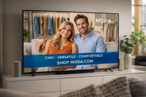 Fashion brand commercial playing on a 4K television in a modern living room
