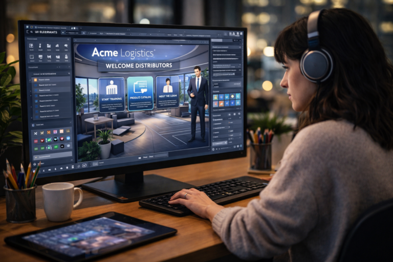 Female designer using 3D software on a computer to create a corporate onboarding interface for a distributor in a photorealistic office setting.