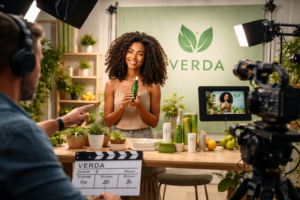 Studio brand video shoot for a fictitious skincare company featuring product storytelling and professional camera setup