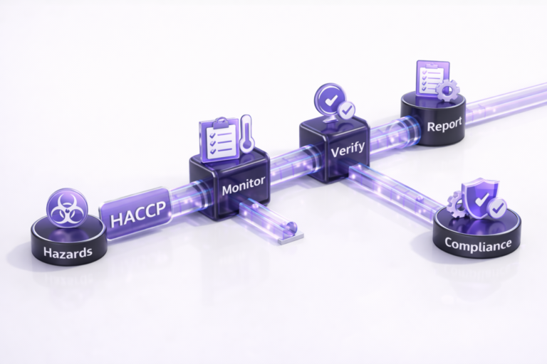 Pipeline diagram showing HACCP hazards flowing through monitor, verify, and report gates with a branch to a compliance module on a clean white background.