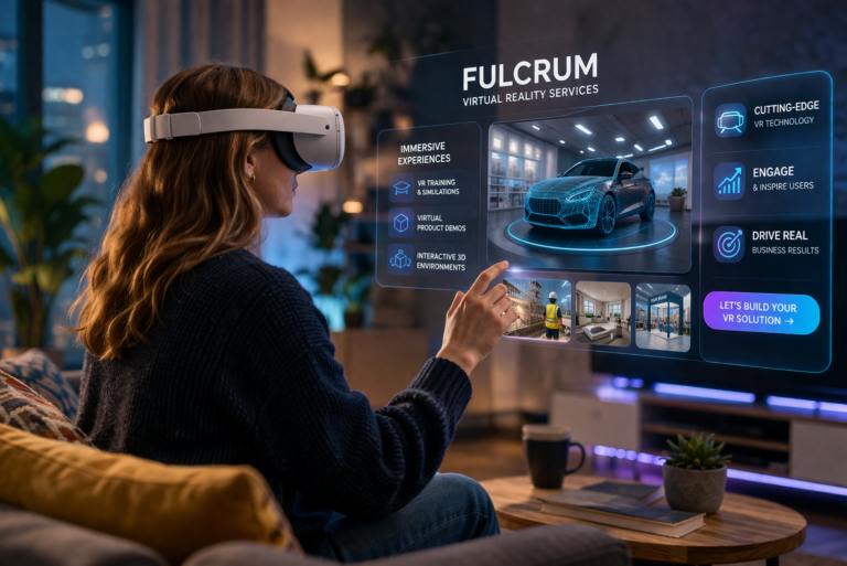 oman using a VR headset while interacting with a virtual interface representing Fulcrum virtual reality services and immersive digital experiences.