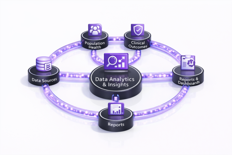 Diagram showing a data analytics and insights hub connected to population health, clinical outcomes, data sources, and reports and dashboards on a clean white background.