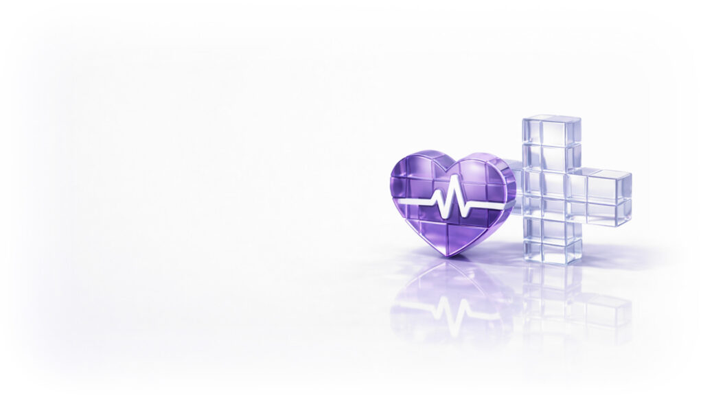 Translucent purple glass-block medical cross and heart with an ECG line on a clean white background with subtle reflection.