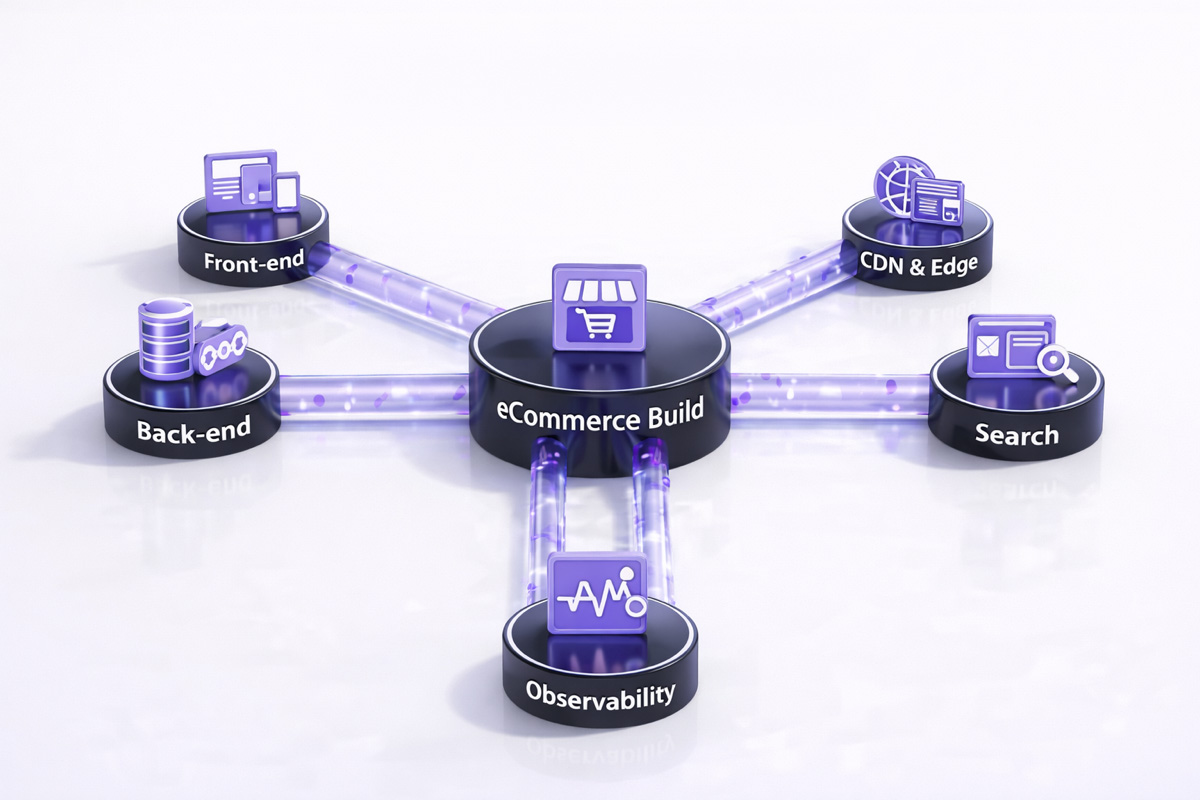 Diagram showing an eCommerce build hub connected to front-end, back-end, APIs, CDN & edge, checkout, search, and observability modules on a clean white background.