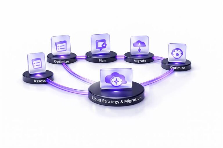 Roadmap diagram showing cloud strategy and migration steps—assess, plan, migrate, validate, and optimize—connected by violet pipelines on a white background.