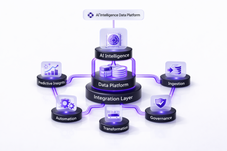 3D diagram of an AI intelligence data platform showing integration layer, data platform, AI intelligence, ingestion, governance, automation, transformation, and predictive insights