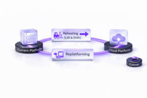 Tech diagram showing a current platform migrating to a cloud platform with two paths: rehosting (lift and shift) and replatforming, ending in a cutover step.
