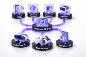 Diagram showing AR/VR use cases product try-ons, product visualization, metaverse experiences, and immersive training—flowing into Apple Vision Pro-style headset, Meta Quest-style headset, and smartphone AR devices on a white background.