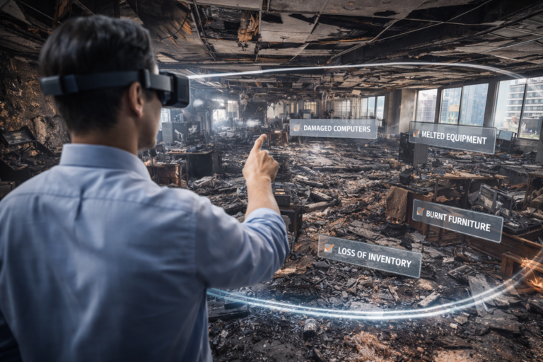 Insurance claims adjuster wearing a VR headset reviewing a fire-damaged corporate office interior to identify items of loss after a structure fire.