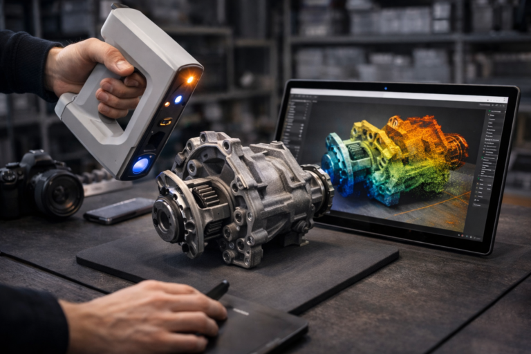 Technician using a handheld lidar scanner to capture a mechanical part while a digital 3D model appears on a nearby screen.