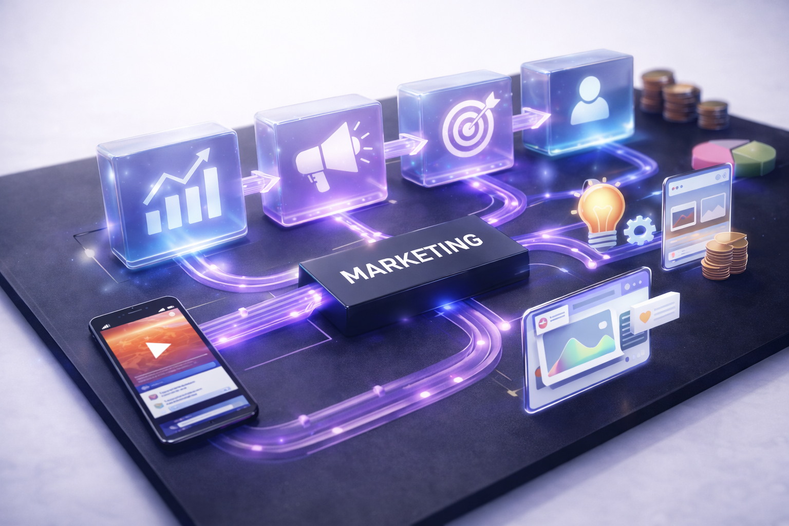 Futuristic marketing content design illustration with glowing connected icons, smartphone, analytics, and campaign workflow on a black platform