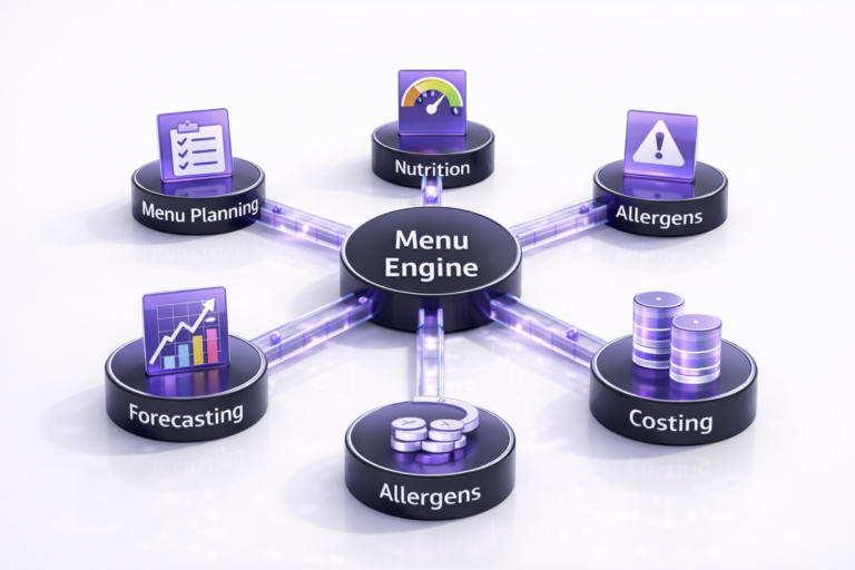Hub-and-spoke diagram showing a Menu Engine connected to menu planning, nutrition, allergens, costing, and forecasting modules on a clean white background.